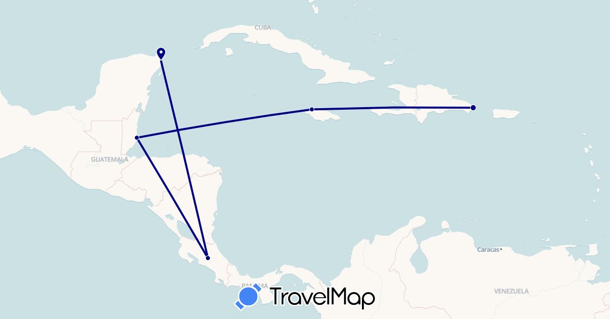 TravelMap itinerary: driving in Belize, Costa Rica, Dominican Republic, Jamaica, Mexico (North America)